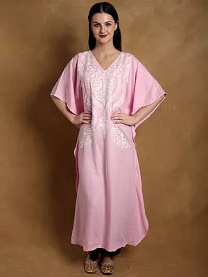 Pink-Frosting Cotton Long Kaftan from Kashmir with Paisley Aari Embroidery on Neck