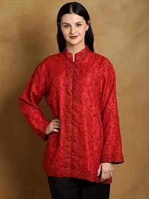 Flame-Scarlet Pure Silk Kashmiri Short Jacket with Aari Embroidered Paisley Jaal