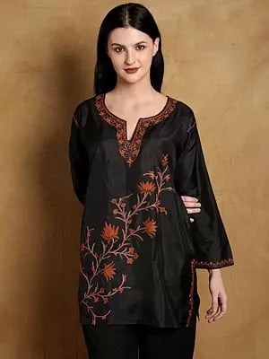 Pure Silk Short Kurti from Kashmir with Aari Embroidery by Hand