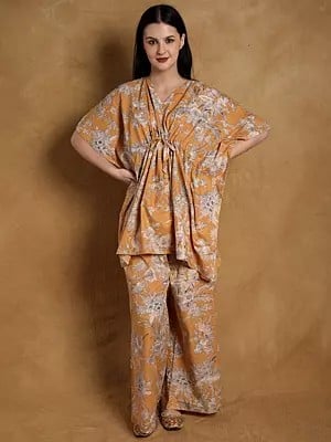 Honey-Yellow Pure Cotton Kaftan Style Co-Ord Set with Floral Print