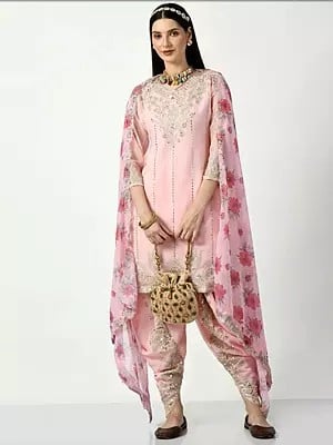 Light Rose Faux Georgette And Micro Cotton Inner Embllished Sequins Patiala Salwar-Suit With Faux Georgette Dupatta