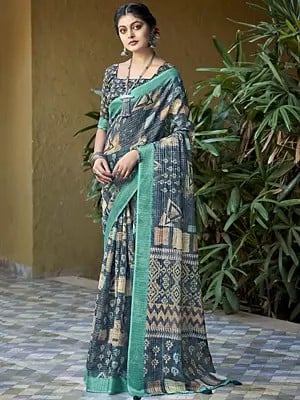 Aegean-Blue Soft Linen Saree with Blouse in Abstract Digital Prints