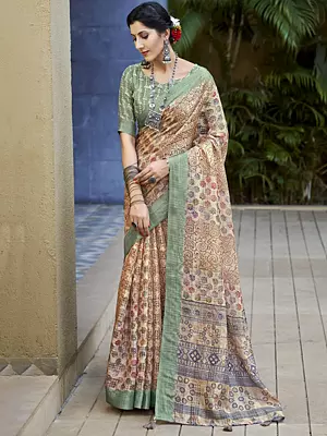 Light-Yellow Abstract Digital Printed Soft Linen Saree with Tassels Pallu