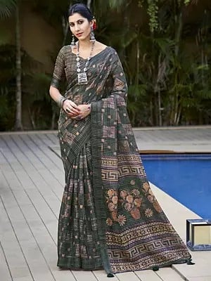 Charcoal-Grey Soft Linen Digital Printed Saree with Blouse for Women's