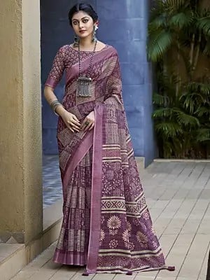 Dull-Purple Digital Printed Soft Linen Saree with Tassels Pallu for Festival