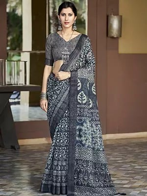 Abstract Digital Printed Soft Linen Saree in Dark-Blue Grey with Blouse and Tassels Pallu
