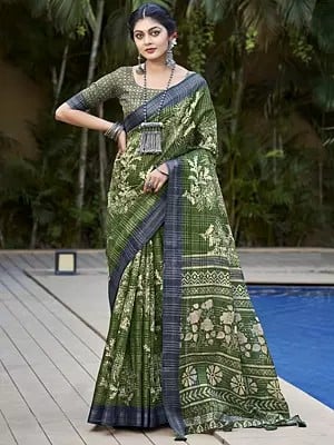 Muddy-Green Floral Motif Digital Printed Soft Linen Saree for Women's