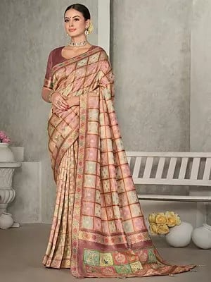 Light Pink Checks Pattern Rangkat Tussar Silk Saree with Blouse and Tassels Pallu