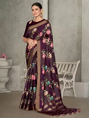 Dark Purple Floral Motif Sequence Embroidered Tussar Silk Saree with Blouse