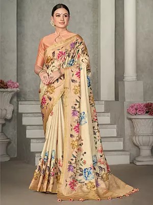 Creamy Beige Floral Motif Sequence Embroidered Tussar Silk Saree with Blouse