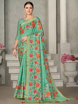 Seafoam Green Floral Motif Sequence Embroidered Tussar Silk Saree with Blouse