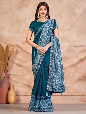Traditional Sequence Embroidered Satin Crepe Silk Saree in Venice-Blue with Blouse