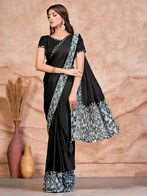 Jet-Black Sequence Embroidered Satin Crepe Silk Saree with Tassels Pallu for Women's