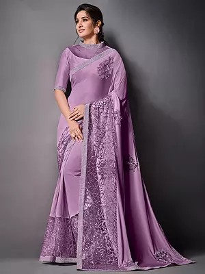 Lycra Sequins Embroidered Leaf Net Border Saree with Raw Silk Blouse