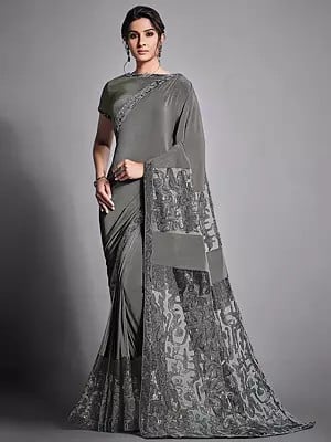 Lycra Dove Grey Sequins Embroidered Saree And Net Pallu With Raw Silk Blouse
