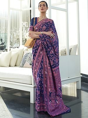 Floral Chickankari Lucknowi Weaving Saree with Paisley Design Pallu