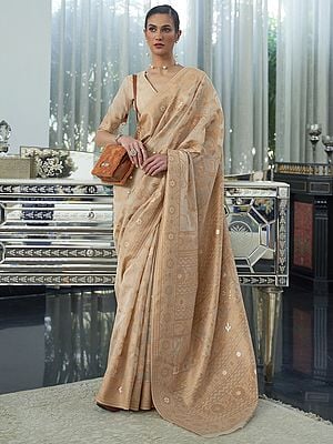 Light Beige-Brown Chikankari Embroidery with Floral Pattern Border Saree