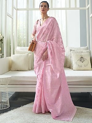 Light-Pink Paisley and Floral Print Chickankari Lucknowi Weaving Saree