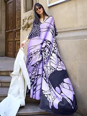 Western Wear Digital Printed Satin Crepe Saree with Abstract Design
