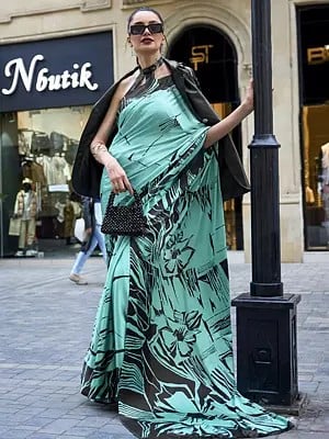 Abstract Floral Print Japan Satin Designer Saree for Women With Blouse