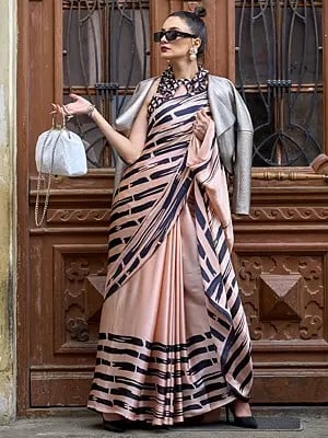 Women's Pastel-Peach Stripped Printed Saree with Japan Satin for Occasion