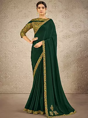 Satin Silk Phthalo Green Saree With Digital Print Border And Blouse