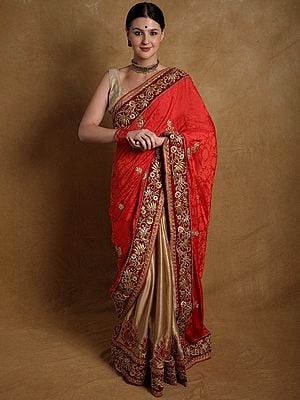Patla-Pallu Bridal Saree with Zardozi Embroidered Patch Border and Crystals