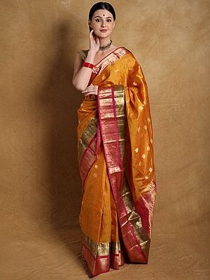 Symphonic-Sunset Brocaded Silk Saree from Karnataka with Iruthalai Pakshi Motifs
