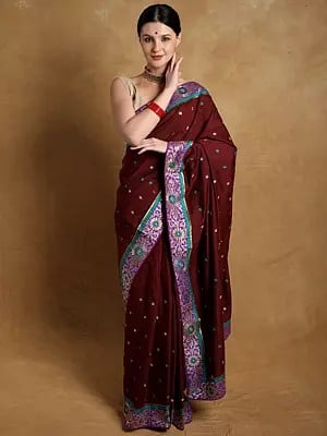 Red-Pear Saree with Zari Embroidered Bootis and Floral Patch Border