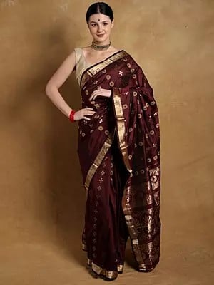 Burgundy Pure Silk Saree from Bangalore with Brocaded Coins Woven all over