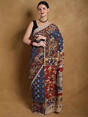 Kalamkari Pure Cotton Saree from Telangana with Hand-Painted Buddha Heads