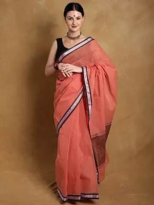 Peach-Echo Pure Cotton Saree from Bengal with Rudraksha Border
