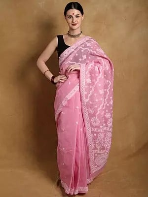 Begonia-Pink Cotton Saree with Floral Lukhnavi Chikankari Embroidery by Hand