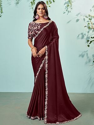 Crepe Cord Embroidered Silk Saree With Moti In Floral Border And Blouse