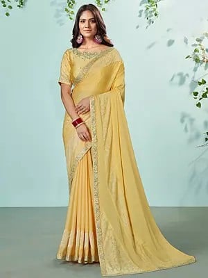 Harvest-Gold Georgette Cord Embroidered Floral Border Saree With Japan Crepe Blouse