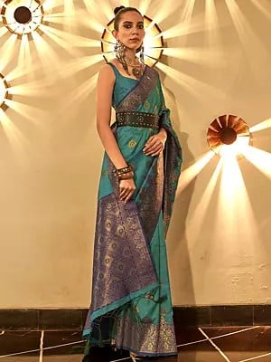 Floral Print Chaap Handloom Weaving Silk Saree with Contrast Border and Pallu