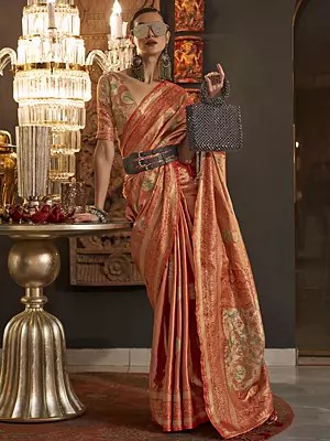 Women's Zari Base Handloom Weaving Silk Saree with Floral Design and Tassels