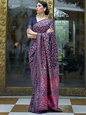 Floral Design Kashmiri Modal Handloom Weaving Silk Saree with Contrast Pallu
