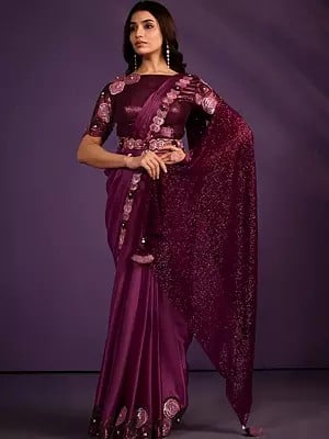 Wine Berry Crepe Satin Silk Embroidered Saree And Rose Motif In Border With Stitched Blouse