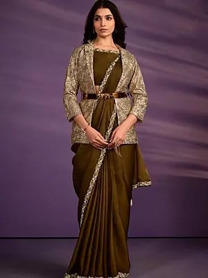 Otter Brown Crepe Shimmer Silk Saree And Floral Embroidered In Border With Stitched Blouse