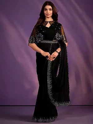 Black Night Crepe Satin Silk Saree And Embroidered Stone Work In Pallu With Blouse