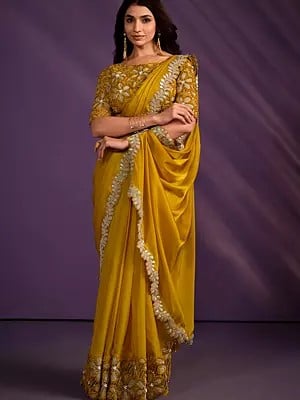Mustard Crepe Satin Silk Embroidered Moti Saree With Stitched Blouse