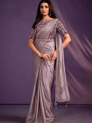 Pastel Purple Georgette Tassel Saree With Floral Embroidered Stone In Border And Blouse