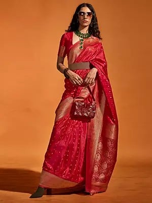Satin Weaving Tassels Silk Saree And Paisley-Floral Patern In Golden Border And Pallu With Blouse