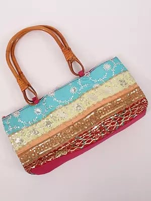 Rainbow Patchwork Zari-Sequins Handcrafted Floral Bag with Wooden Handle