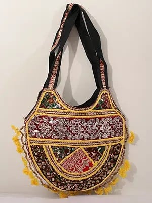 Handcrafted Upcycled Shoulder Bag with Zari-Sequin Embroidery and Tassels