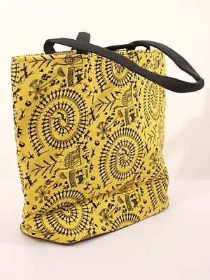 Yellow-Cream Cotton Shopper Bag with Printed Warli Folk Art