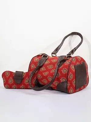 Mars-Red Bagru Printed Cotton Duffle Bags with Sunglasses Hand Case