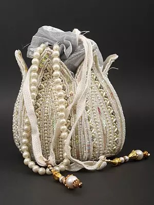 Drawstring Bridal Lotus Potli Bag with Bead and Sequins Embroidery