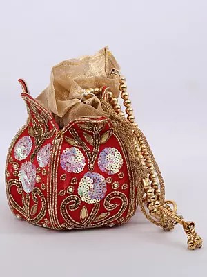 Drawstring Bridal Lotus Potli Bag with Bead and Sequins Embroidery